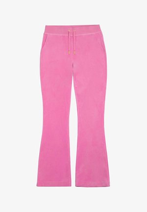 Pantaloni flare rosa realizzati in morbido tessuto vellutato, con una vita elasticizzata e cordoncino. Presentano due tasche laterali e dettagli dorati.