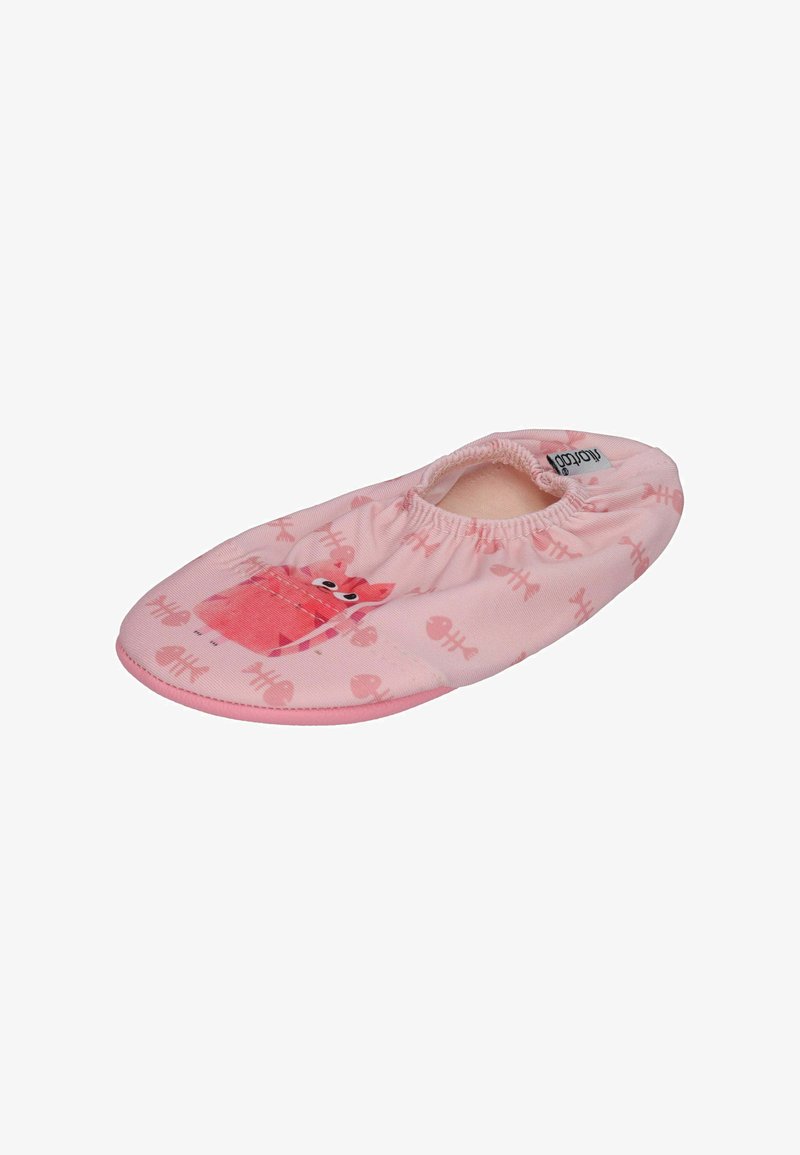 Rosa Stoffschlappen mit elastischem Einstieg, versehen mit einem cartoonhaften rosa Schwein Design auf der Zehenpartie und kleinen Fischgrät-Mustern auf der Oberfläche.