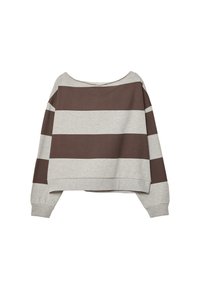 Maglione a maniche lunghe con ampie righe orizzontali marroni e grigie chiare, con polsini a coste e un ampio scollo.