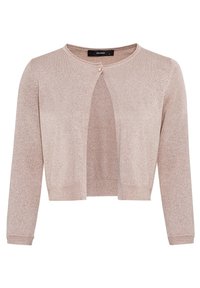 Cardigan corto rosa chiaro con maniche lunghe, chiusura con un solo bottone sulla parte superiore e texture del tessuto leggermente lucida.