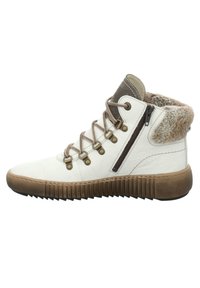 Białe skórzane buty typu high-top z brązowymi akcentami, z metalowymi oczkami, bocznym zamkiem błyskawicznym oraz teksturowaną gumową podeszwą. Miękkie futro wyściełające kołnierz.