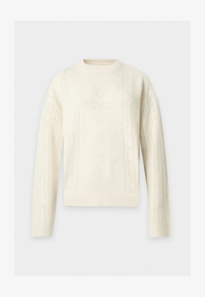 Pull tricoté couleur crème avec manches longues et motifs floraux et géométriques texturés subtils sur le devant et les manches.