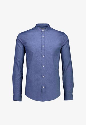 Camicia da uomo a maniche lunghe blu con collo alla coreana e bottoni bianchi, mostrata su uno sfondo bianco.