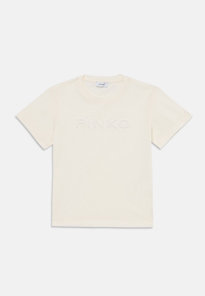 Cremefarvet bomulds T-shirt med korte ærmer, rund hals og præget "PINKO" logo på forsiden. Glat tekstur, afslappet pasform.
