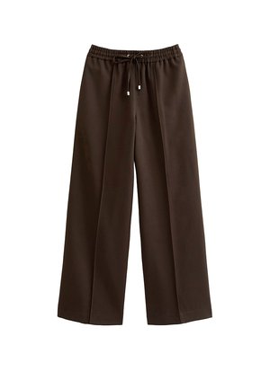 Bruine wijde broek gemaakt van gladde stof met een elastische tailleband en verstelbaar trekkoord, met een losse pasvorm en zonder zichtbare zakken.