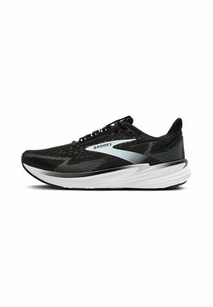 Black running shoe with a breathable mesh upper, silver accents, and a cushioned white sole, featuring a streamlined design and supportive structure.