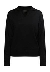 Black pullover sweater with a V-neck and collar. Features long sleeves and ribbed cuffs and hem. Made from a soft, smooth fabric.