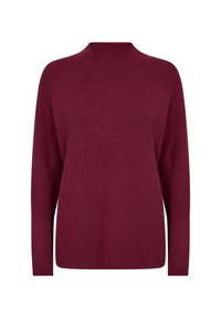 Burgunderfarbener Strickpullover mit hohem Ausschnitt, langen Ärmeln und geripptem Struktur. Besitzt einen lässigen Schnitt und Raglanärmel-Design.