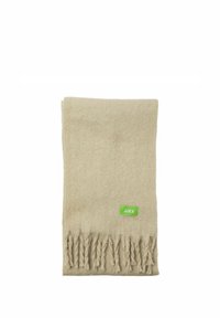 Beige uldscarf med frynser i enderne, med et lille grønt mærke med 'JJXX' på den ene side. Blød tekstur og rektangulær form.