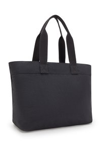 Bolsa tote negra hecha de material texturizado, que presenta dos asas resistentes, un interior espacioso y un diseño minimalista sin herrajes visibles.