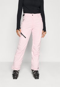 Rosa Schneehosen mit geradem Bein Design, mit seitlichen Reißverschlusstaschen und verstellbarem Taillenbund. Hergestellt aus leichtem, wetterbeständigem Material.