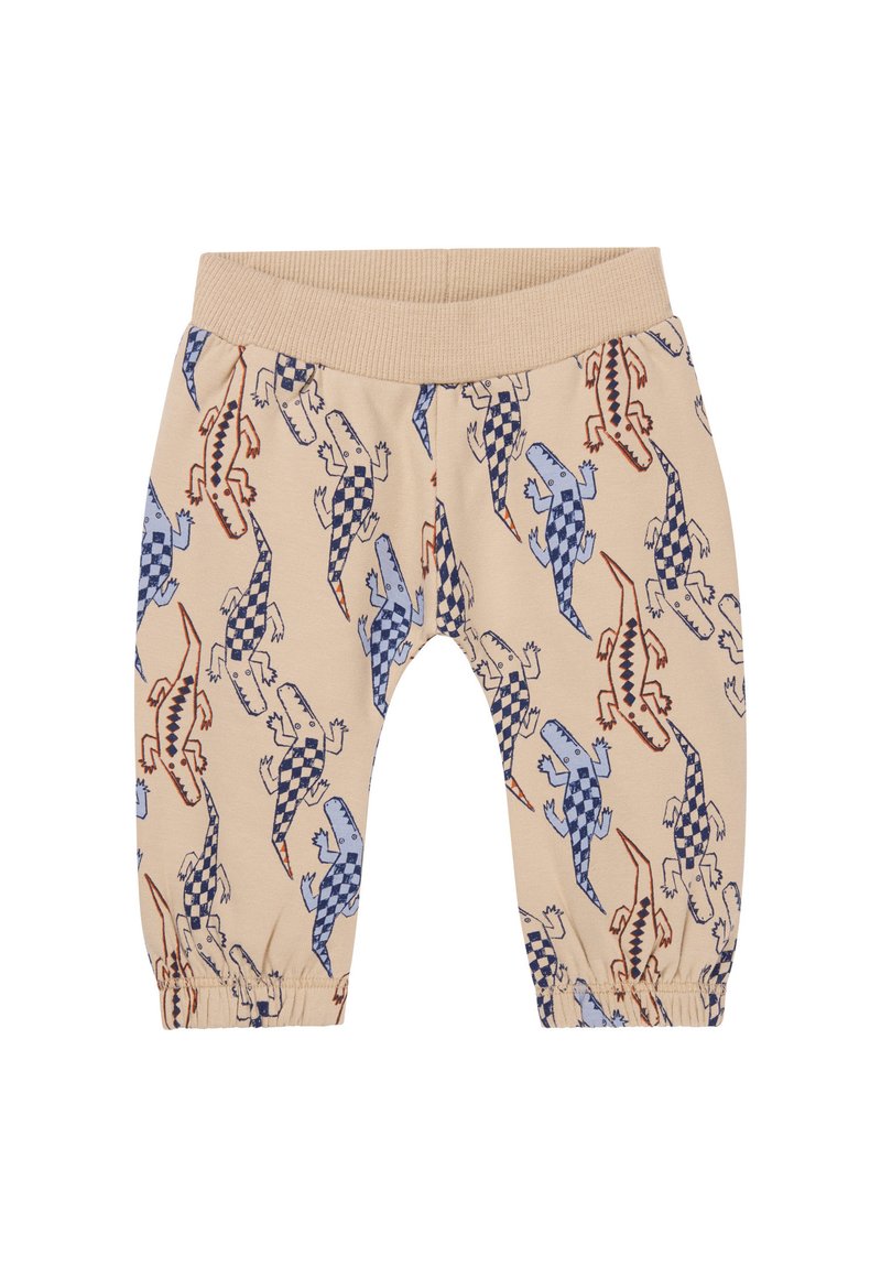 Pantalons en coton beige avec une taille élastique, ornés d'un motif de lézards colorés en bleu, rouge et à carreaux. Poignets élastiques aux chevilles.