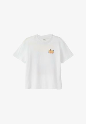 Weißes kurzärmeliges Crop-T-Shirt mit einer kleinen orangefarbenen Fruchtgrafik und grünem Blatt auf der linken Brust.