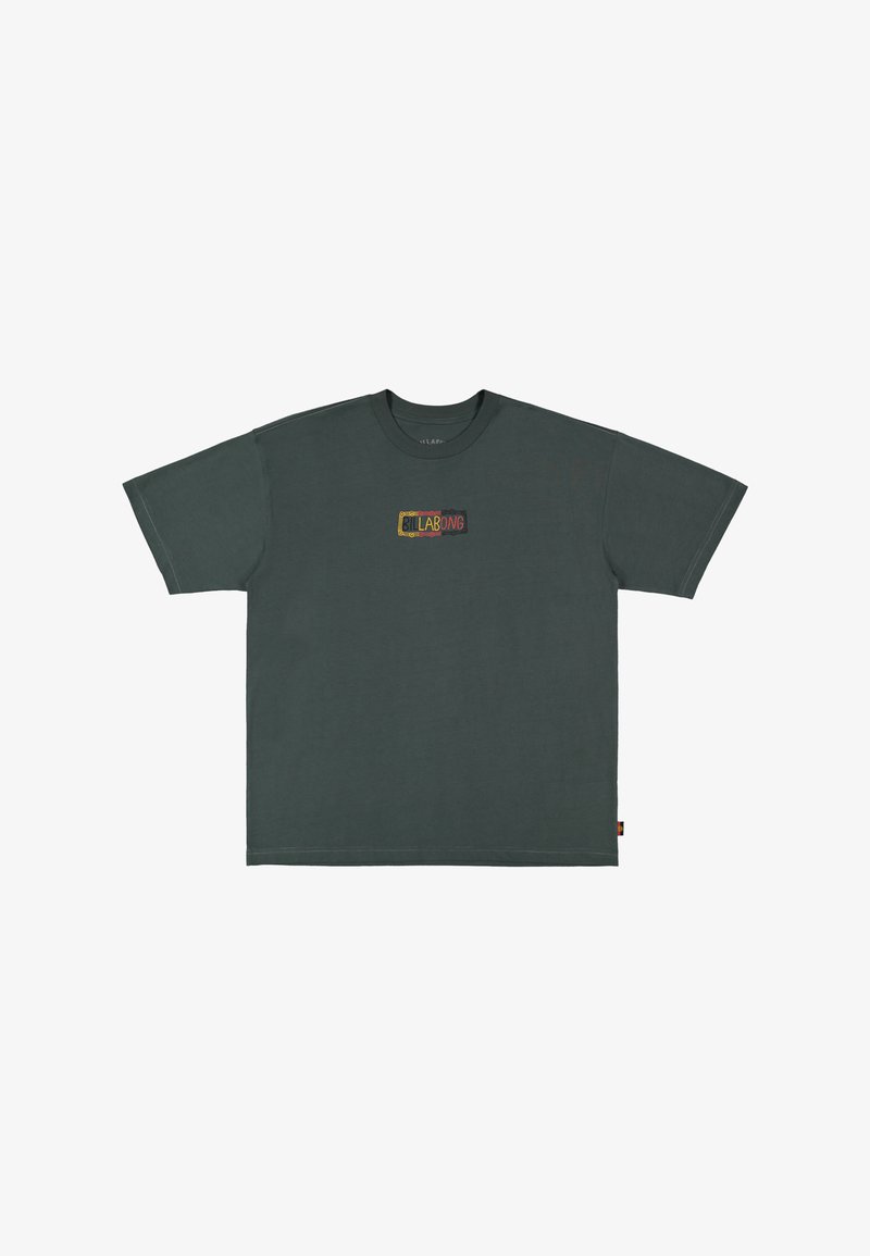 Dark green cotton T-shirt with short sleeves, a crew neck, and a colorful "Billabong" logo in the center. Smooth texture, casual fit.