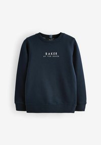 Felpa blu navy realizzata in tessuto morbido, con maniche lunghe, scollatura tonda e testo bianco "BAKER by TED BAKER" sul davanti.