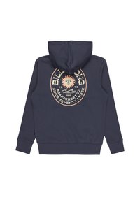 Felpa navy con una grande grafica retro di un sole e testo sul retro. Tessuto morbido, polsini e orlo a costine. Presenta un cappuccio con coulisse.