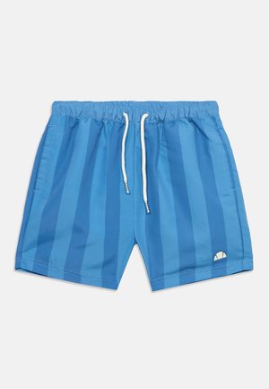 Blaue Badeshorts mit vertikalen Streifen, elastischem Bund, weißem Kordelzug, Seitentaschen und kleinem Logo am linken Bein.