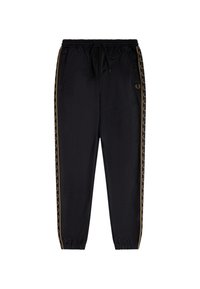 Sorte joggebukser med elastisk talje og manchetter, guld laurbærkrans logo på siderne og nær lommen, snor i taljen.