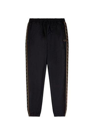 Pantaloni da jogging neri con vita e polsini elasticizzati, logo con corona d'alloro dorato sui lati e vicino alla tasca, cordino in vita.