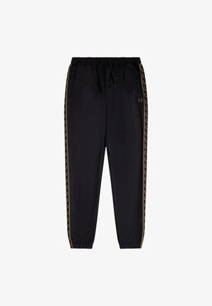 Pantalons de sport noirs avec taille et poignets élastiques, logo de couronne de laurier doré sur les côtés et près de la poche, cordon de serrage à la taille.