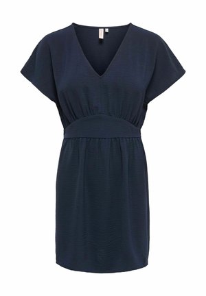Robe bleu foncé à manches courtes, col en V, taille élastique et longueur au-dessus du genou en tissu texturé.