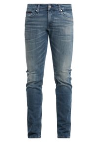 Slim-fit blå denimjeans med blekta detaljer och slitna effekter, framknappsstängning och femficksdesign.