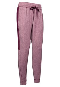 Fialové tepláky s melírovanou texturou, elastickým pasem, nastavitelným šňůrkovým pasem a kontrastními vínovými bočními panely. Slim fit design.