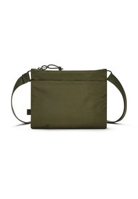 Borsa a tracolla in tessuto verde oliva con design piatto, tracolla regolabile e tasca frontale. Texture liscia e hardware minimalista.