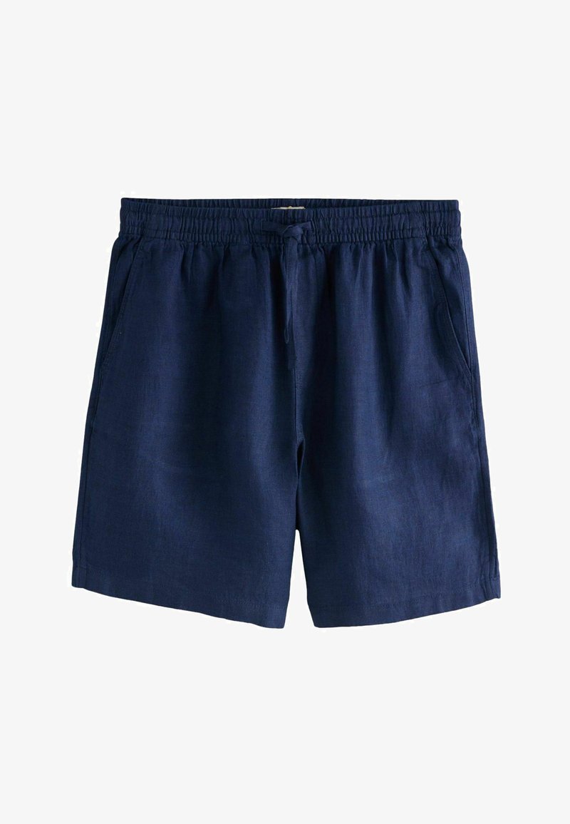 Navy blue casual shorts with elastic waistband and drawstring, featuring side pockets, made from lightweight fabric.
