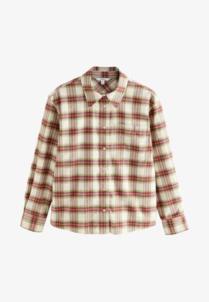 Long-sleeve button-up shirt with red, green, and beige plaid pattern and a chest pocket on the left side.