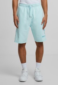 Lyseblå bomullsshorts med elastisk midje og snor. Har logo brodert på venstre ben. Glatt tekstur.