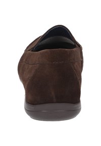 Brown suede slip-on shoe with a rounded back, featuring a smooth rubber sole and subtle stitching detail along the upper edge.