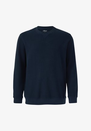 Donkerblauwe sweatshirt met lange mouwen en ronde hals, voorzien van geribde manchetten en zoom, eenvoudig ontwerp, weergegeven tegen een witte achtergrond.