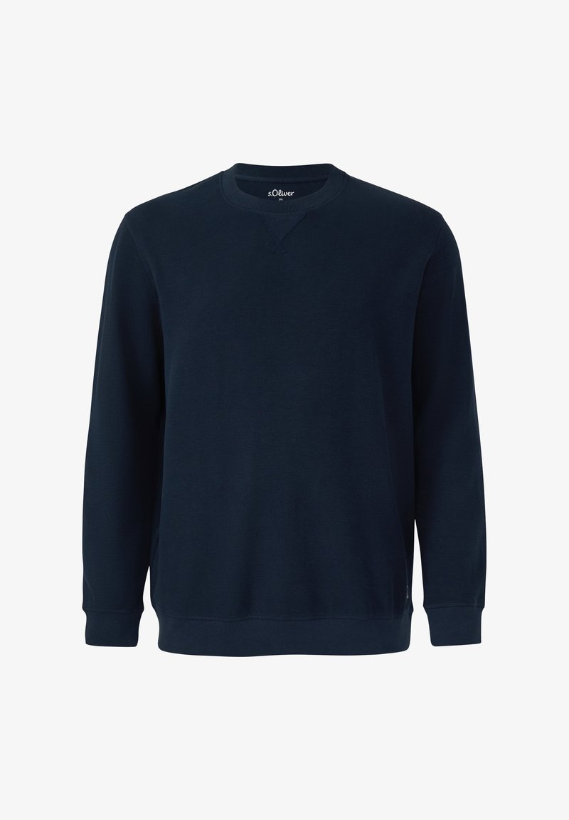 Sweat-shirt à manches longues bleu marine avec col rond, poignets et ourlet côtelés, design uni, présenté sur un fond blanc.