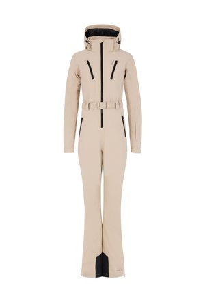 Beige insulated ski suit with a fitted design, adjustable hood, front zip, and black zippered pockets. Features a cinched waist with a belt.