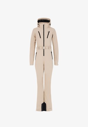 Beige insulated ski suit with a fitted design, adjustable hood, front zip, and black zippered pockets. Features a cinched waist with a belt.