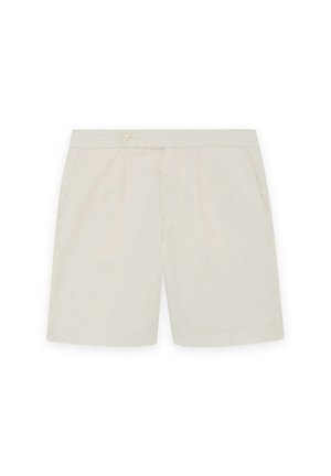 Vaaleanbeiget räätälöidyt shortsit, joissa on etutaskut, sivutaskut, nappikiinnitys ja vyölenkit.