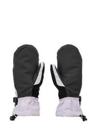 Moufles imperméables noires et grises avec une surface texturée, des poignets élastiques et une fermeture à cordon pour un ajustement sécurisé.