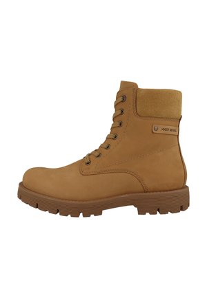 Bottine en cuir tan avec un revers en daim, design à lacets et semelle en caoutchouc dotée de rainures texturées pour une meilleure adhérence. Logo sur le côté.
