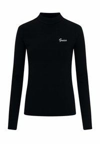 Top nero a maniche lunghe realizzato in tessuto elasticizzato, con collo alto e logo "Guess" bianco ricamato sul petto.
