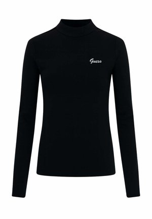 Top nero a maniche lunghe realizzato in tessuto elasticizzato, con collo alto e logo "Guess" bianco ricamato sul petto.