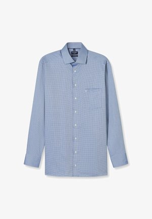 Lichtblauw overhemd met lange mouwen, knoopsluiting, een subtiel geometrisch patroon, borstzakje en een klassieke kraag. Soepele textuur en reguliere pasvorm.