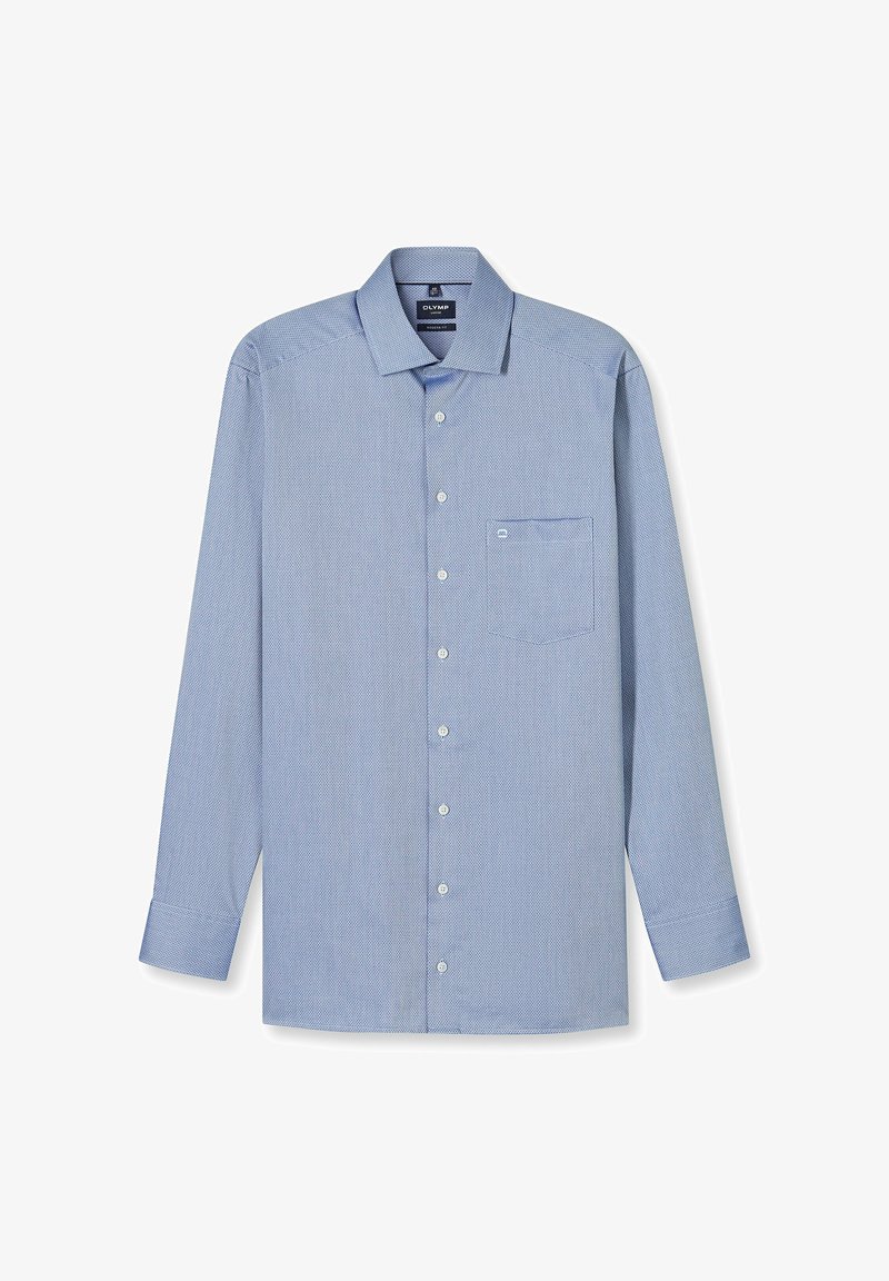 Hellblaues Hemd mit langen Ärmeln, Knopfleiste, dezentem geometrischem Muster, Brusttasche und klassischem Kragen. Glatte Textur und reguläre Passform.