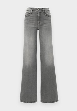 Grey wide-leg jeans made of denim. Features a high waist, four pockets, and a slight fade effect on the front for added texture.