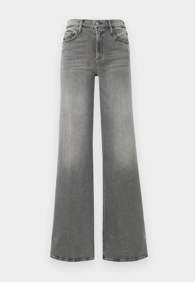 Grey wide-leg jeans made of denim. Features a high waist, four pockets, and a slight fade effect on the front for added texture.