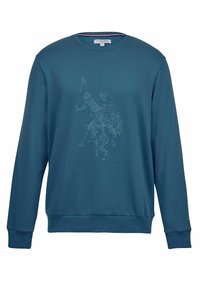Pánská mikina s dlouhým rukávem v barvě tyrkysové. Měkký materiál s texturovaným reliéfním grafickým motivem polo hráče na přední straně a žebrovanými manžetami a lemem.