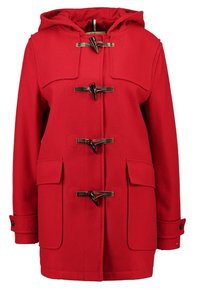 Rode wollen duffeljas met een capuchon, sluitingen met toggles, twee frontzakken en met knopen afgewerkte manchetten. Gladde textuur en getailleerd ontwerp.