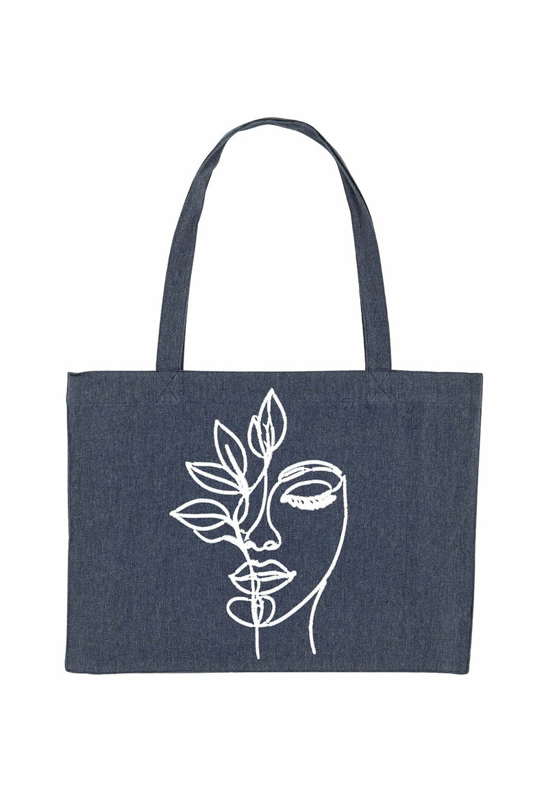 Borsa a spalla blu scuro con due manici, decorata con un disegno a linea continua bianco del volto di una donna intrecciato con rami fogliosi.