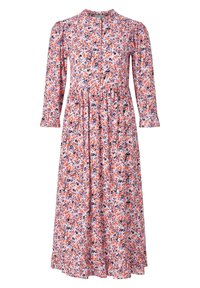 Robe à manches longues à motifs floraux avec un col haut, des boutons et une taille froncée. Les couleurs incluent le rose, l'orange et le violet avec une texture de tissu douce.