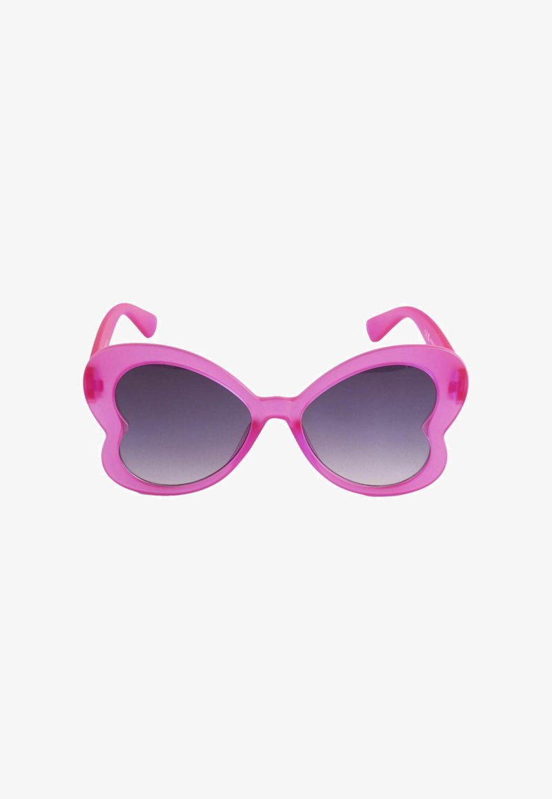 Rožinės spalvos plastikiniai saulės akiniai su širdies formos rėmeliais ir tamsiais gradientiniais lęšiais.